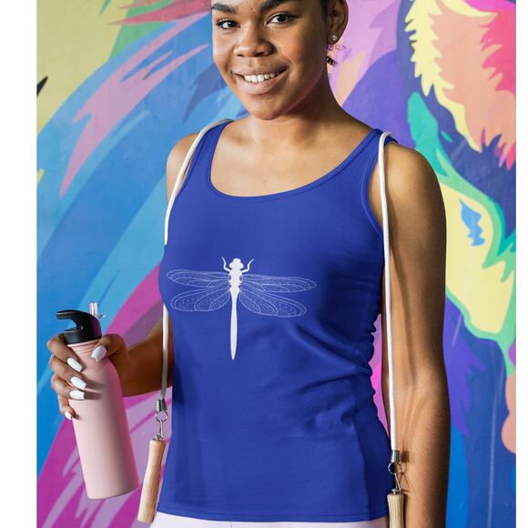 Hand Printed Upcycled Womens Large Dragonfly Cotton Blend Blue V-Neck Tank Top - Picture 2 of 3